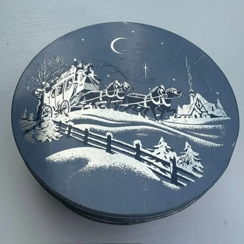 W.C.C. Vintage Round Tin Winter Stagecoach Scene Red Blue Metal 8in